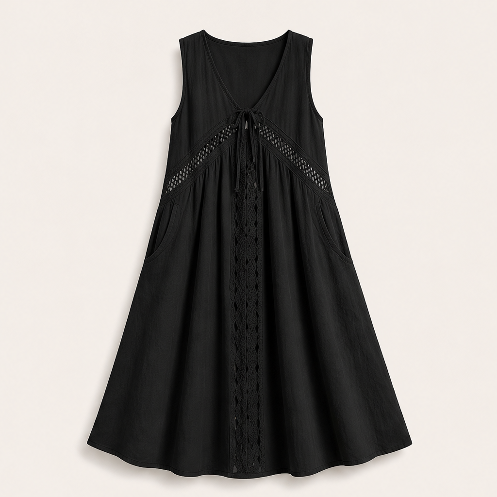 Marisol Women's V-Neck Tie-Front Lace Trim Midi Dress with Hidden Side Pockets - Sleeveless A-Line Summer Dress Black