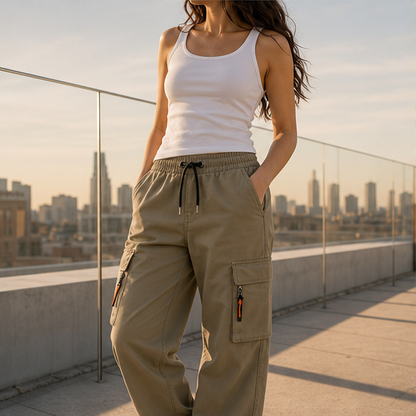 Khaki Cargo Trousers | Relaxed Fit Stretch Utility Pants - Women's Wide Leg with Pockets features