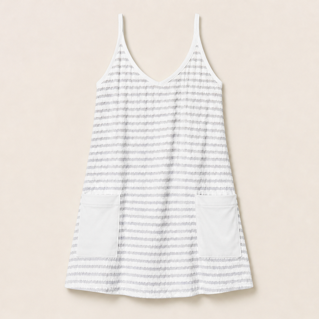 Brown Stripe Mini Romper Dress | Built-In Shorts Sundress - Textured Cami Style with Pockets White Stripe