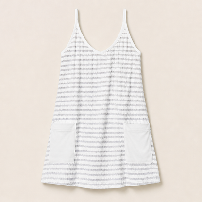 Brown Stripe Mini Romper Dress | Built-In Shorts Sundress - Textured Cami Style with Pockets White Stripe