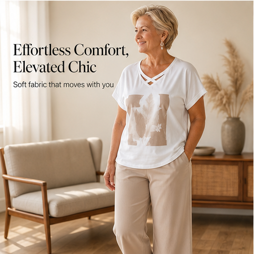 Beige Cropped Trouser & Top Set | Casual Two-Piece Outfit for Women - V-Neck Tee with Wide-Leg Culottes features