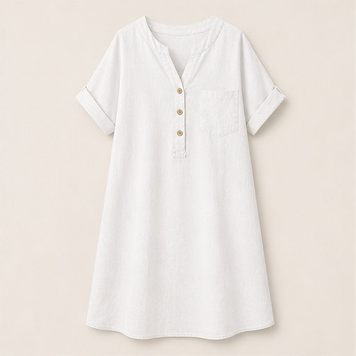 Blue V-Neck A-Line Dress | Cotton-Linen Midi with Pockets - Button Placket, Roll-Sleeve White