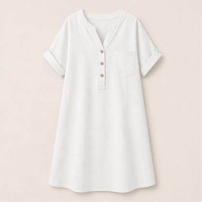 Blue V-Neck A-Line Dress | Cotton-Linen Midi with Pockets - Button Placket, Roll-Sleeve White