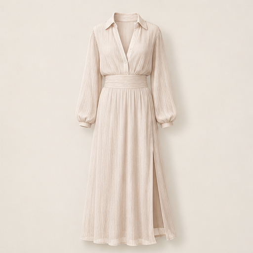 Champagne Chiffon Maxi Dress | V-Neck Slit Dress for Women - Long Sleeve Collared Style Beige