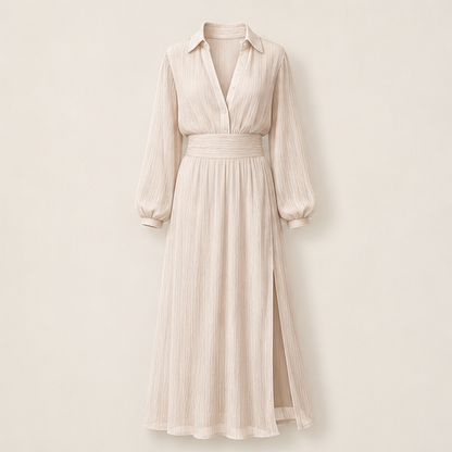 Champagne Chiffon Maxi Dress | V-Neck Slit Dress for Women - Long Sleeve Collared Style Beige