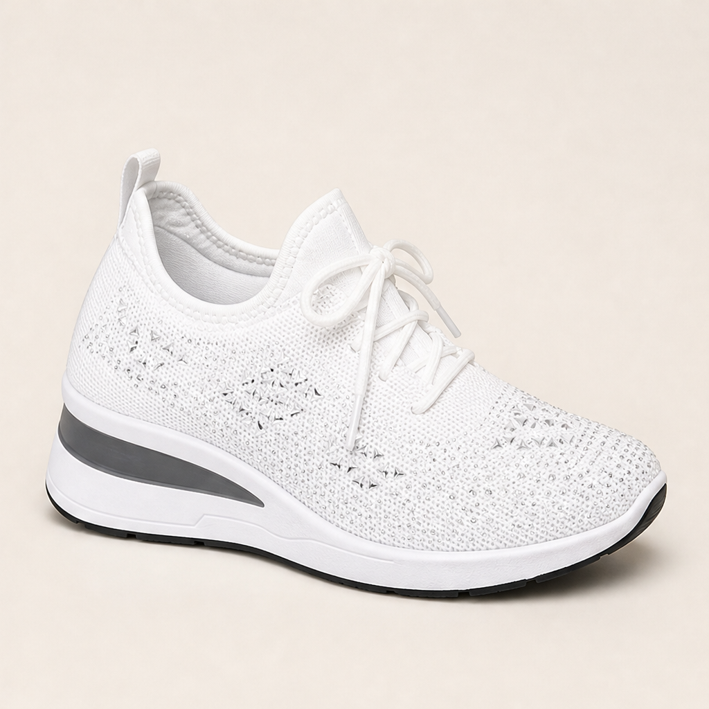Navy Rhinestone Mesh Sneakers | Wedge Trainers with Sparkle - Breathable Lace-Up Shoes White
