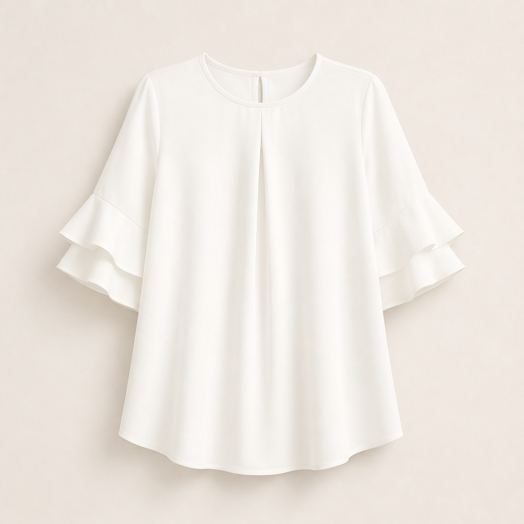 Light Blue Ruffle Sleeve Blouse | Tiered Bell Sleeve Top for Women - Round Neck with Front Pleat White