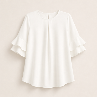 Light Blue Ruffle Sleeve Blouse | Tiered Bell Sleeve Top for Women - Round Neck with Front Pleat White