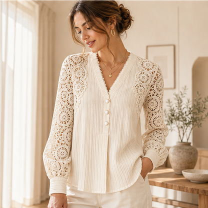 Cream Lace V-Neck Top | Crochet Sleeve Blouse for Women - Long Sleeve Pintuck Top features
