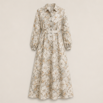 Blue Floral Maxi Dress | Vintage Oil Painting Print Shirt Dress - Long Sleeve Straight Cut with Side Pockets Beige Floral