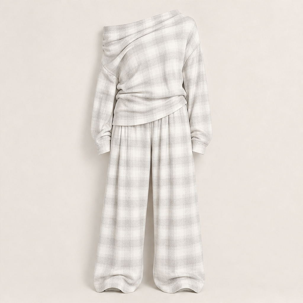 Grey Plaid Off Shoulder Top and Pants Set | Loose Two Piece Outfit - Wide Leg Trousers Ivory Plaid