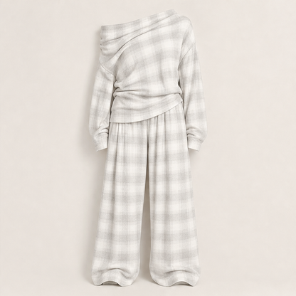 Grey Plaid Off Shoulder Top and Pants Set | Loose Two Piece Outfit - Wide Leg Trousers Ivory Plaid