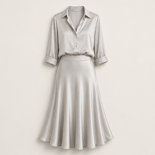 Grey Satin Shirt & Midi Skirt Set | Two Piece Button Down Top with High Waist Flared Skirt Silver