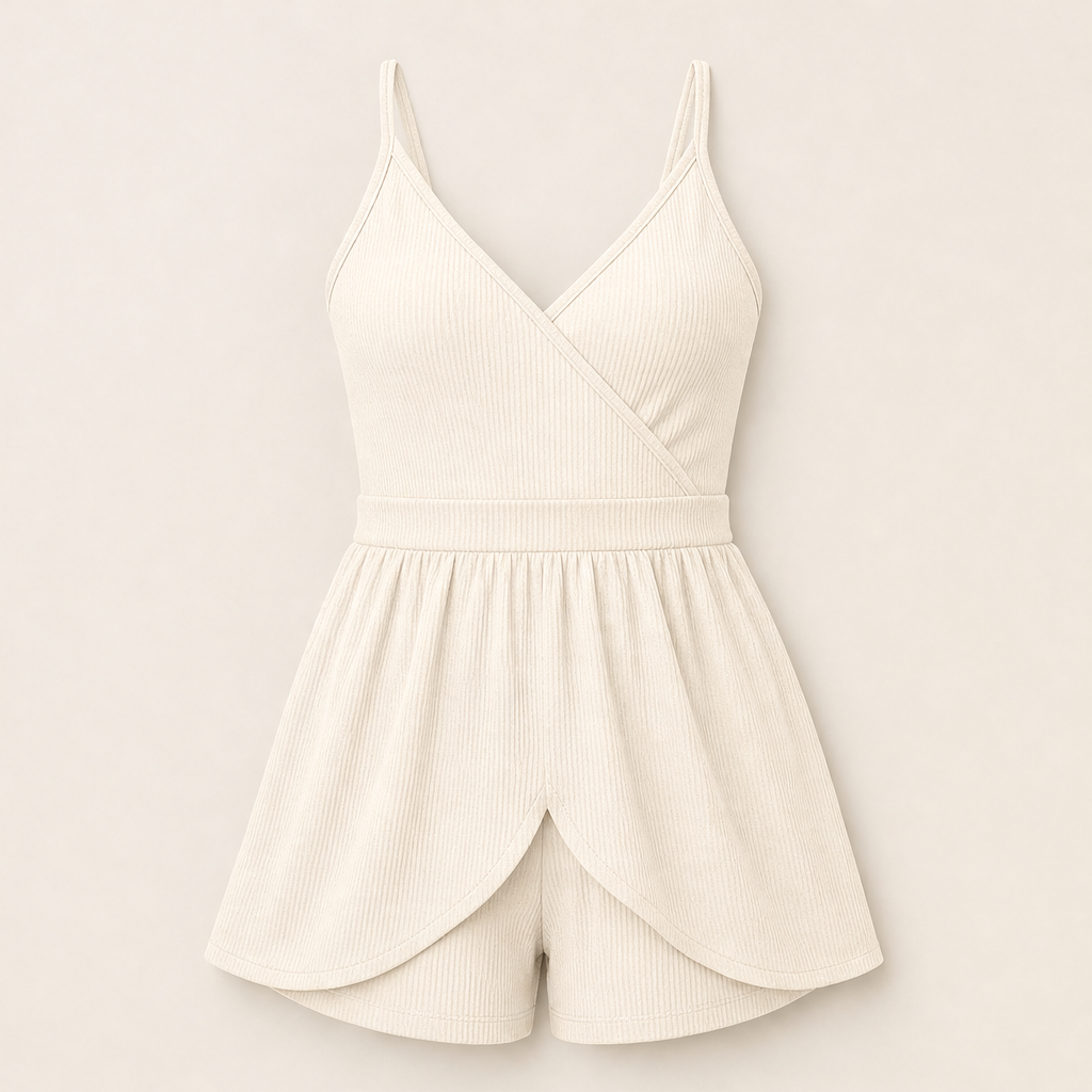 Blue Ribbed V-Neck Romper | Fitted Playsuit with Built-In Skirt - Wrap Front Summer Romper for Women Ivory