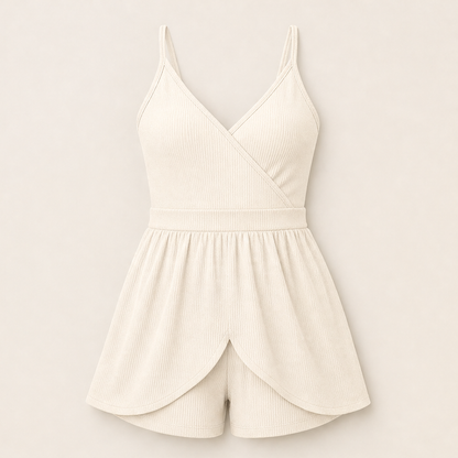 Blue Ribbed V-Neck Romper | Fitted Playsuit with Built-In Skirt - Wrap Front Summer Romper for Women Ivory
