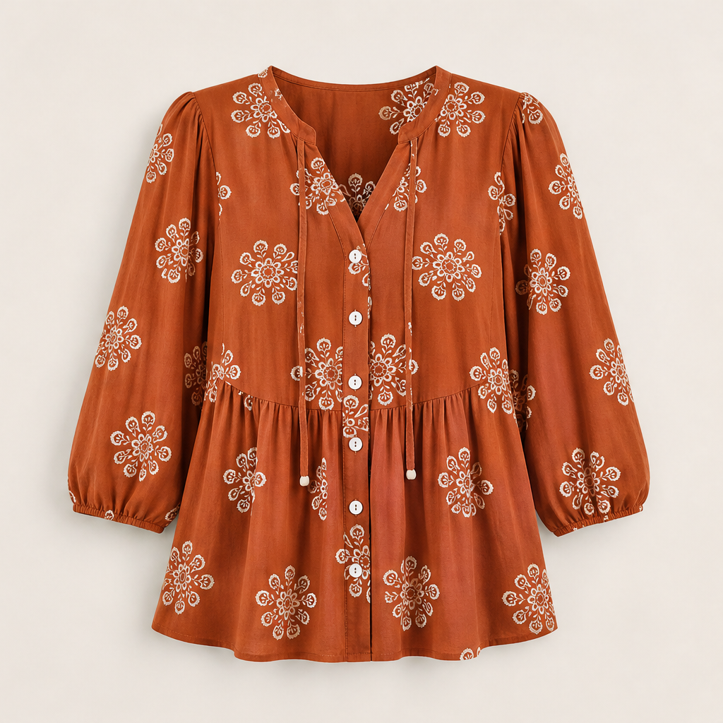 Khaki Green Floral Peplum Blouse | Boho V-Neck Button-Down Top - Puff Sleeve Tie Neck Rust