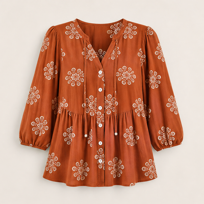 Khaki Green Floral Peplum Blouse | Boho V-Neck Button-Down Top - Puff Sleeve Tie Neck Rust