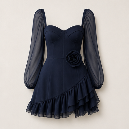 Black Sheer Sleeve Mini Dress | 3D Rose Bustier with Ruffle Hem - Chiffon Balloon Sleeve Navy