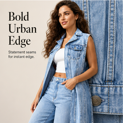 Light Wash Denim Vest Dress | Sleeveless Longline Jean Jacket - High Slit Midi features