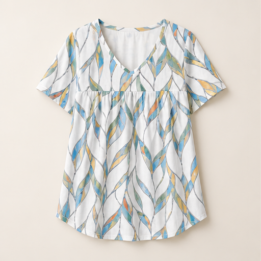 White Printed V-Neck T-Shirt | Pleated Short Sleeve Top for Women - Loose Fit Tunic Blouse White Multi Leaf Print