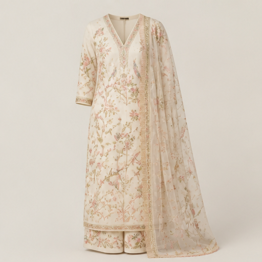 Ivory Banarasi Salwar Suit | Unstitched Silk Three-Piece Set - Hand-Embroidered Zari Floral Suit for Women Ivory