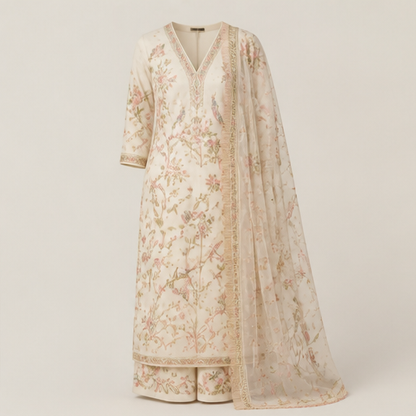 Ivory Banarasi Salwar Suit | Unstitched Silk Three-Piece Set - Hand-Embroidered Zari Floral Suit for Women Ivory