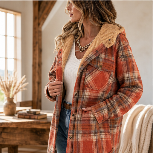 Rust Plaid Flannel Shacket | Hooded Sherpa-Lined Jacket for Women - Thick Checked Coat features