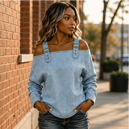 Light Blue Denim Off-Shoulder Top | Women's Buckle Strap Blouse - Long Sleeve Cropped Style features