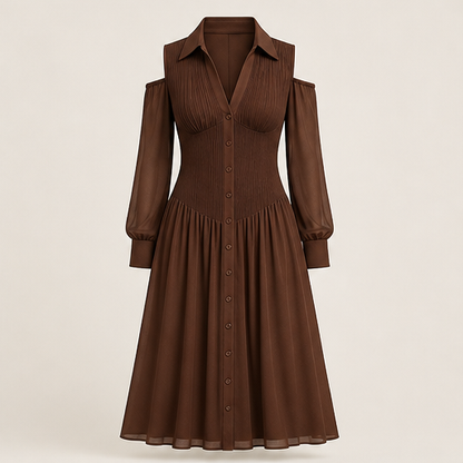 Brown Cold Shoulder Midi Dress | Chiffon Sleeve Shirt Dress - Ruched Waist Button Front Brown
