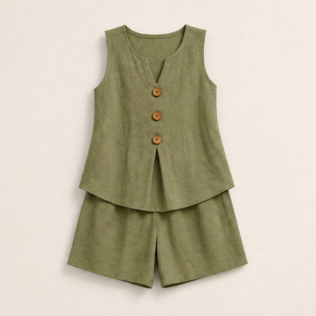 Beige Linen Two-Piece Shorts Set | Sleeveless Button Top & Shorts - Women's Summer Matching Set Olive
