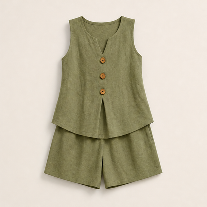 Beige Linen Two-Piece Shorts Set | Sleeveless Button Top & Shorts - Women's Summer Matching Set Olive