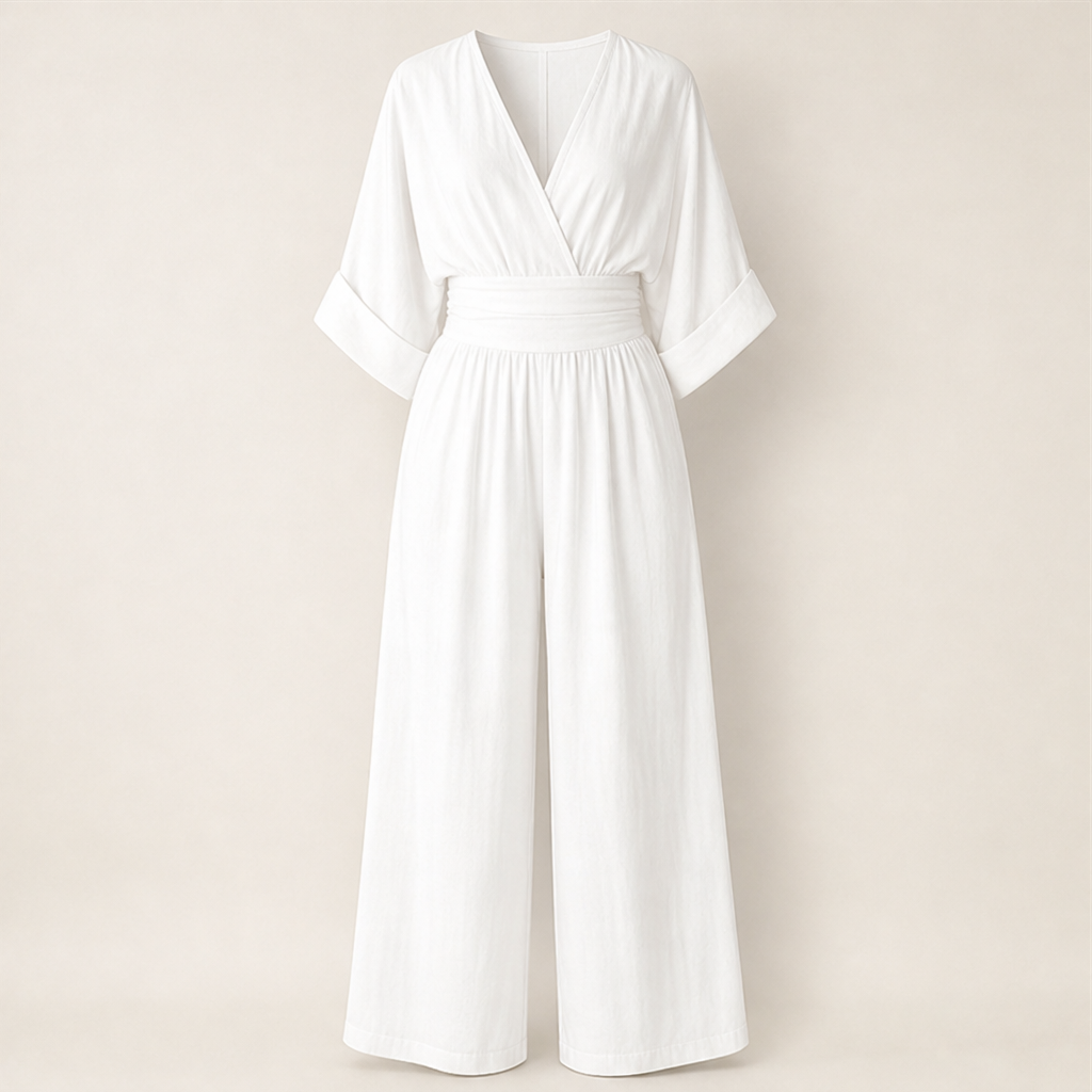 Light Blue V-Neck Jumpsuit | Wide-Leg Linen-Blend Playsuit - Wrap Waist Casual Wear White