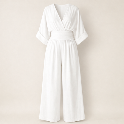 Light Blue V-Neck Jumpsuit | Wide-Leg Linen-Blend Playsuit - Wrap Waist Casual Wear White