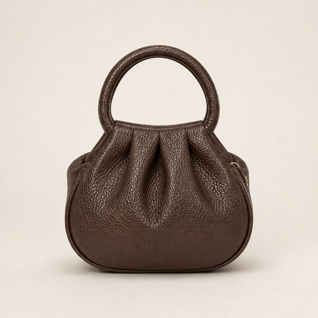 Marlowe Women's Ruched Top-Handle Faux Leather Mini Clutch Handbag - Pebbled Grain Crossbody Bag Brown