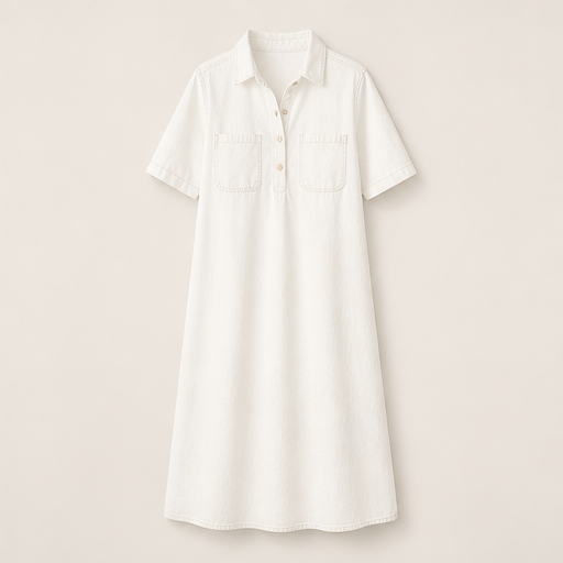 Denim Blue Shirt Dress | Casual Midi Dress for Women - Relaxed Fit with Pockets White