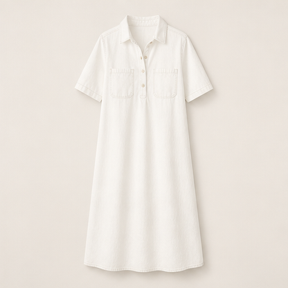Denim Blue Shirt Dress | Casual Midi Dress for Women - Relaxed Fit with Pockets White