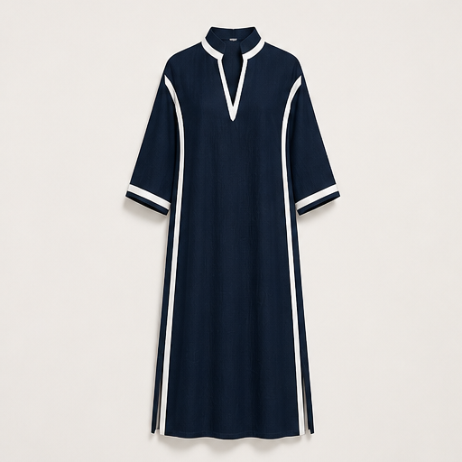 Black Colour Block Maxi Dress | V Neck Stand Collar Linen-Blend - Three Quarter Sleeve Navy