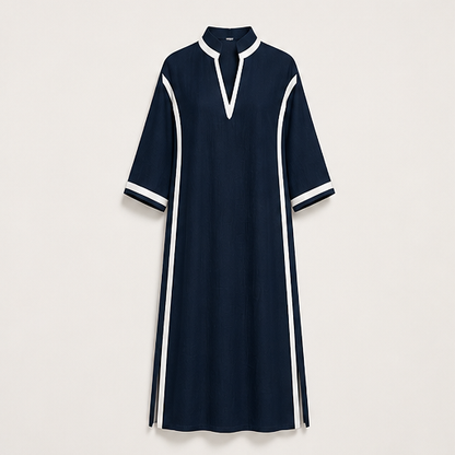 Black Colour Block Maxi Dress | V Neck Stand Collar Linen-Blend - Three Quarter Sleeve Navy