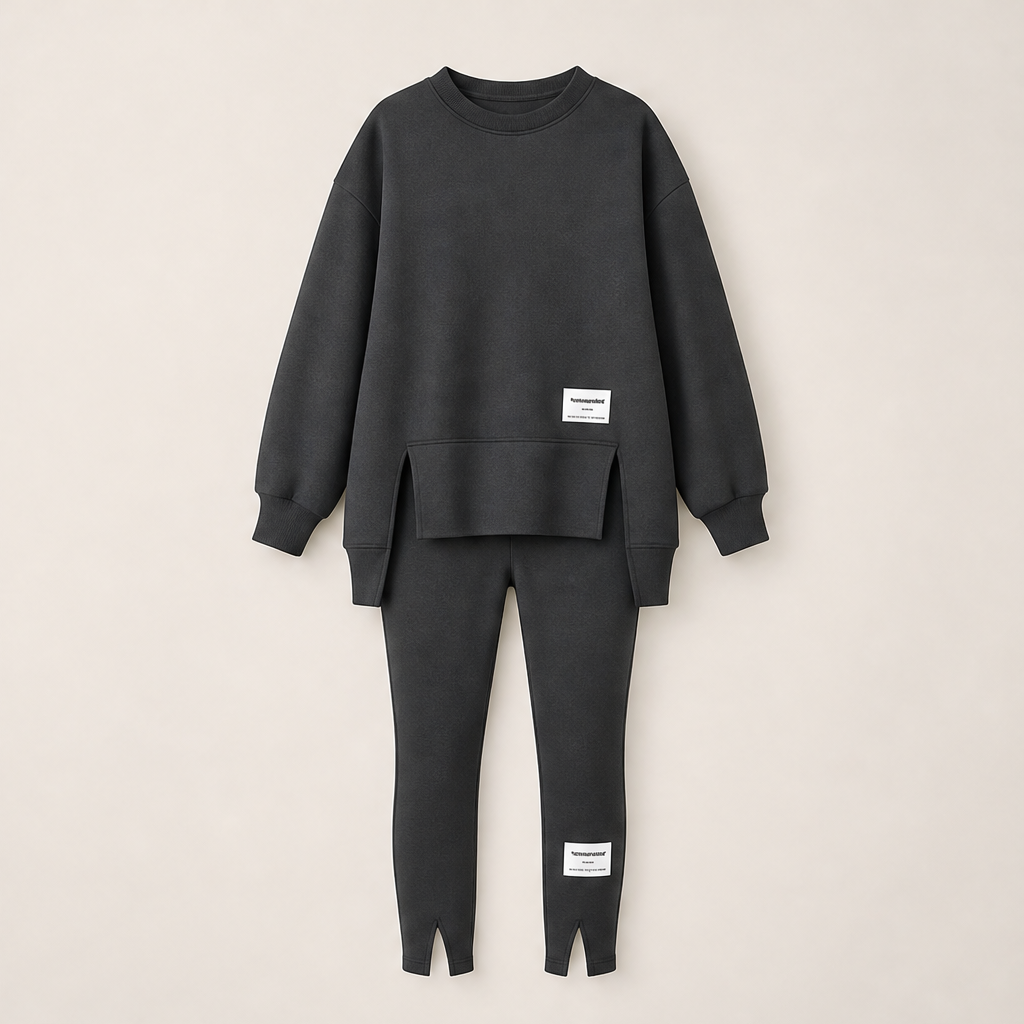 Black Sweatshirt Leggings Set | Oversized Casual Two-Piece Loungewear - Split Hem Charcoal