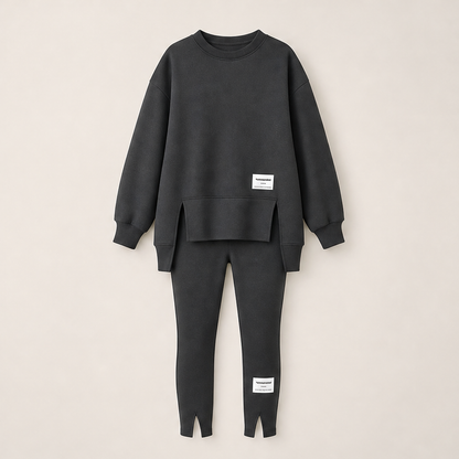 Black Sweatshirt Leggings Set | Oversized Casual Two-Piece Loungewear - Split Hem Charcoal