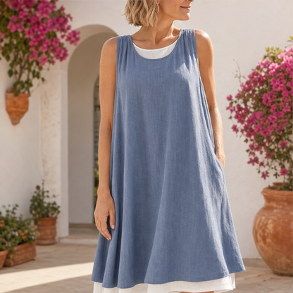 Chambray Blue Layered Tank Dress | Fake Two Piece Sleeveless Summer Dress - Loose Fit Cotton Linen features