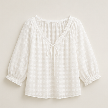 Beige Print Polka Dot Blouse | Lace-Up V-Neck Top - 3/4 Sleeve Boho Style White