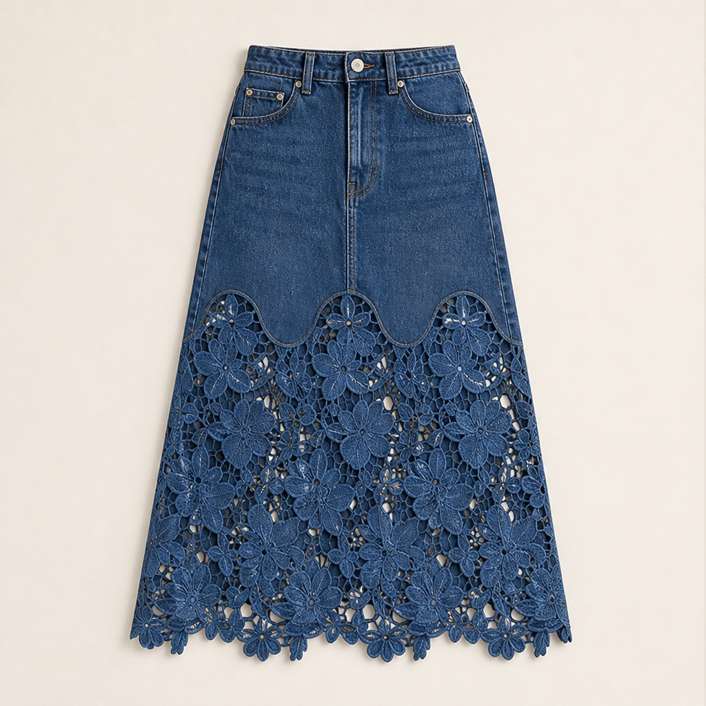 Denim Lace Hem Maxi Skirt | High-Waisted A-Line Style - Floral Crochet Trim Denim