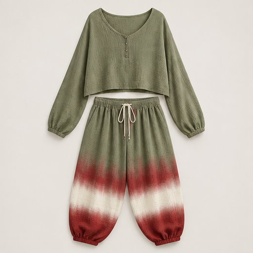 Olive Ombre Two Piece Matching Set | Bohemian Cotton Gauze Top & Harem Trousers - Loose Casual Style Olive