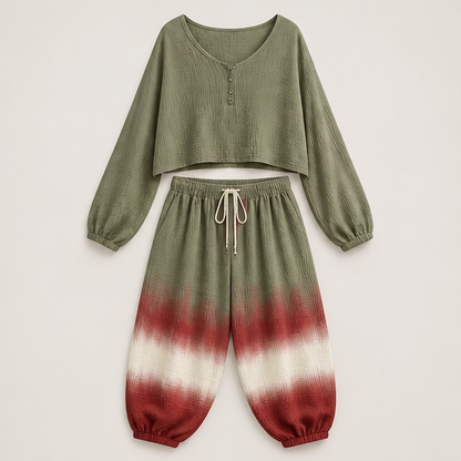 Olive Ombre Two Piece Matching Set | Bohemian Cotton Gauze Top & Harem Trousers - Loose Casual Style Olive