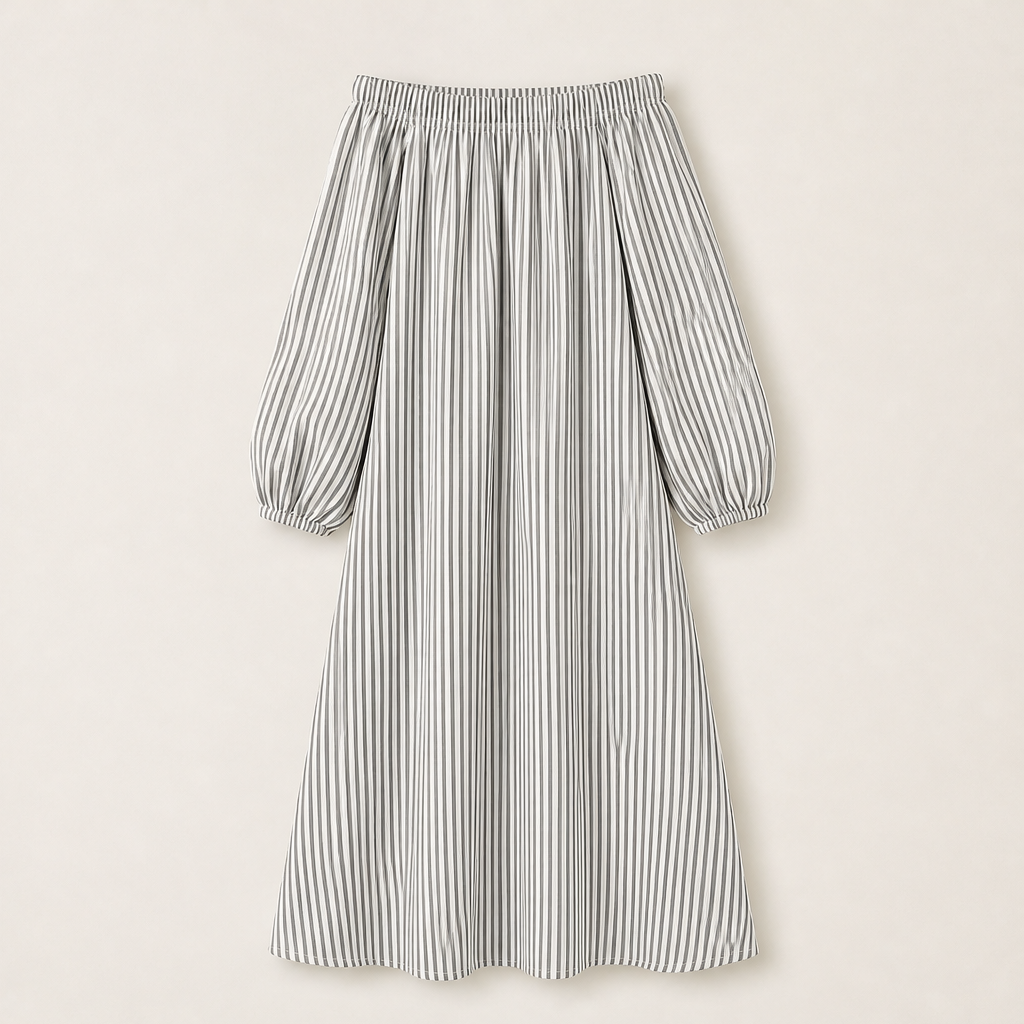 Beige Stripe Off Shoulder Maxi Dress | Lantern Sleeve Boho Dress - Relaxed Fit with Side Pockets Grey Stripe