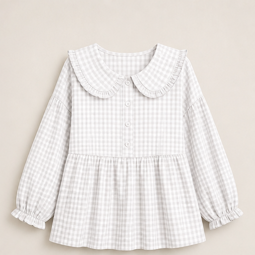 Red Gingham Top | Ruffled Peter Pan Collar Blouse - Puff Sleeve Casual Shirt for Women Grey Gingham