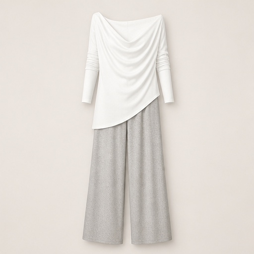 Black Cowl Neck Two Piece Set | Off Shoulder Top & Wide Leg Trousers - Women's Matching Outfit White