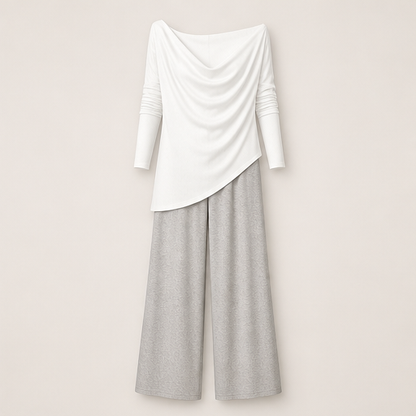 Black Cowl Neck Two Piece Set | Off Shoulder Top & Wide Leg Trousers - Women's Matching Outfit White