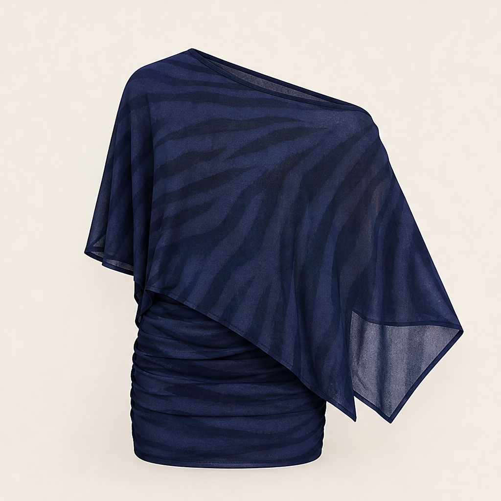 Brown Tiger Print Shawl Top & Skirt Set | Asymmetric One-Shoulder Two-Piece - Sheer Mesh Evening Wear Navy Zebra Print
